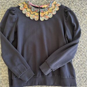 Boden Navy Top with Multicolor Floral Collar